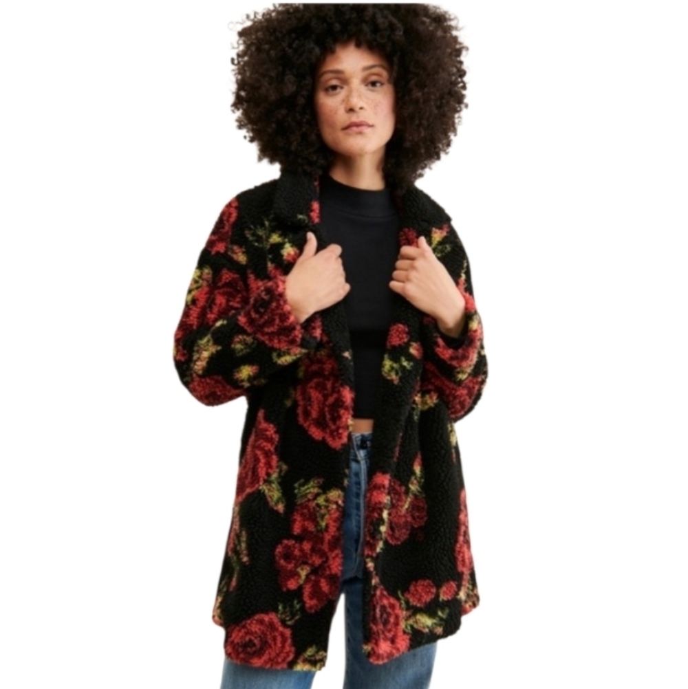 Anthropologie Rose Black & Red Sherpa Teddy Bear Jacket Coat Size L